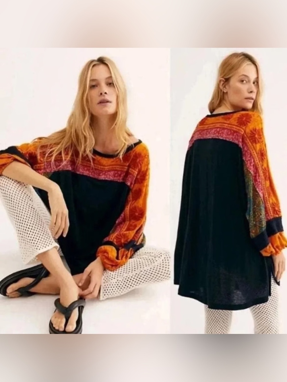 Free People Black Tunic with Orange & Red Patchwork Yoke